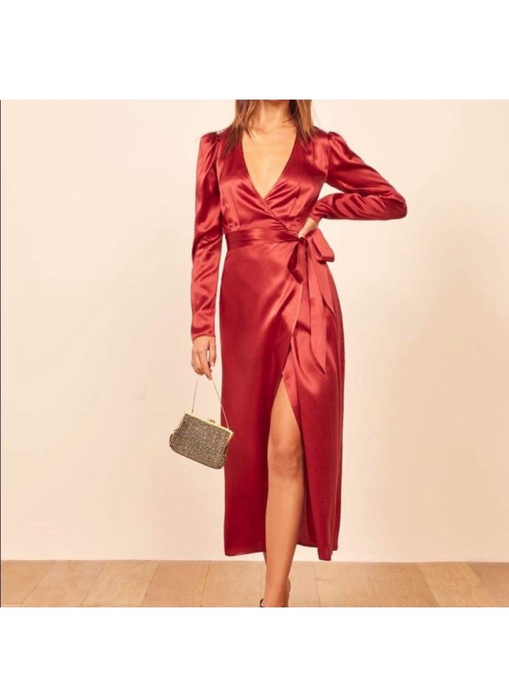 Reformation 100% Silk Elegant Red Wrap Long Midi Dress with Long Sleeves